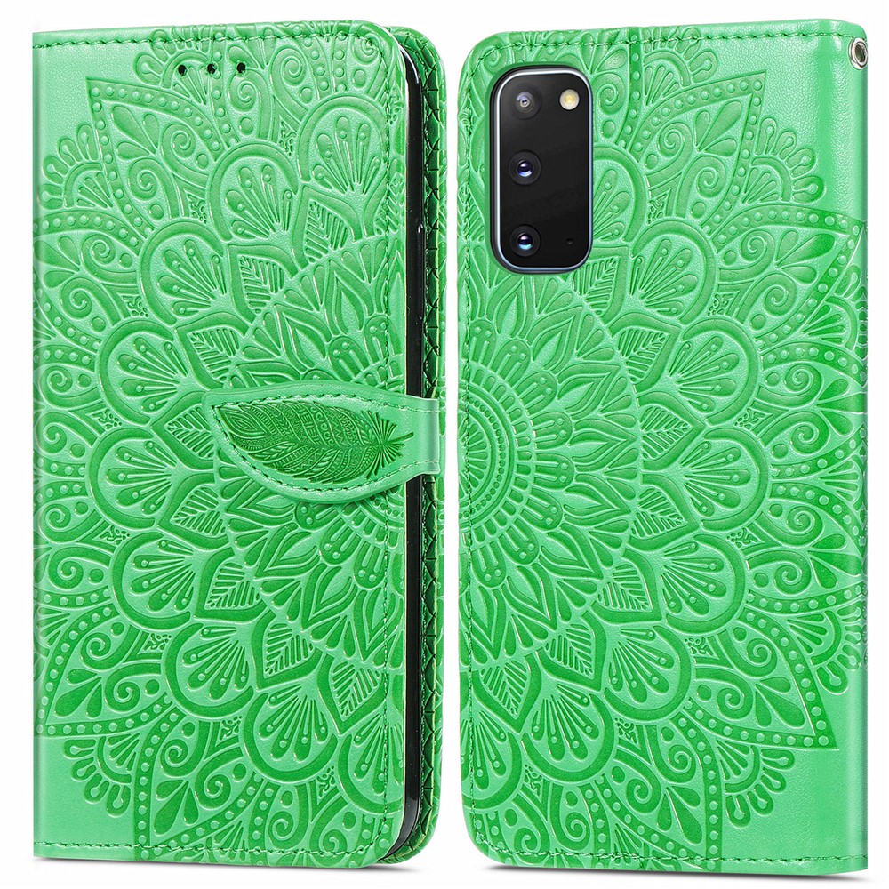For Samsung Galaxy S20 4G/5G Smartphone Case Bag Stand Design Imprinted Dream Wings Pattern TPU+PU Leather Wallet Flip Cover with Strap - Green-1