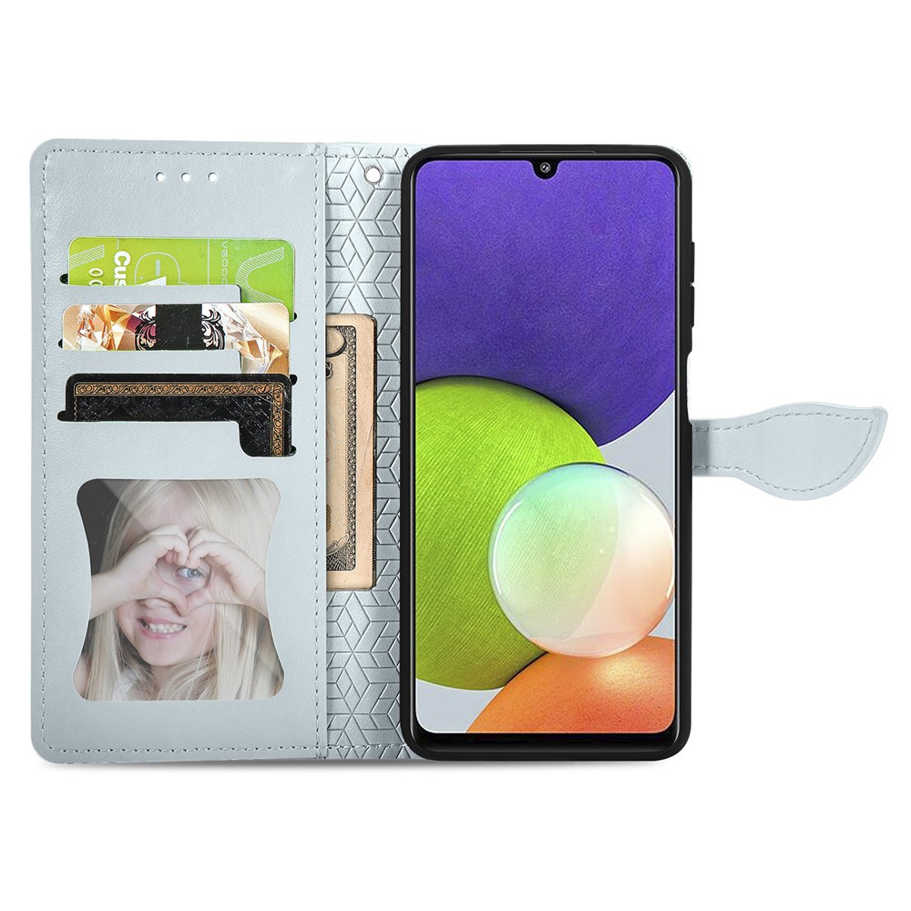 For Samsung Galaxy A22 4G (EU Version) PU Leather Wallet Dream Wings Pattern Imprinted Case Magnetic Soft TPU Shockproof Folding Stand Cover with Strap - Grey-4