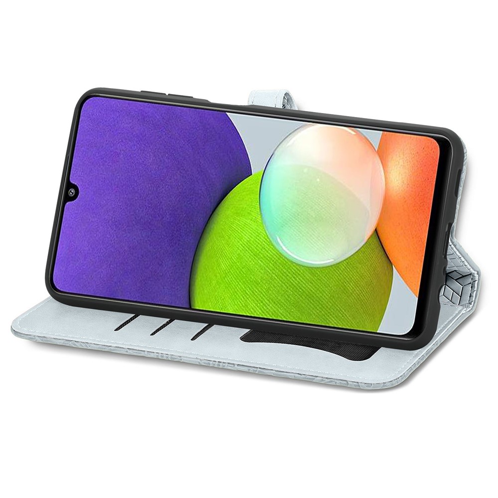 For Samsung Galaxy A22 4G (EU Version) PU Leather Wallet Dream Wings Pattern Imprinted Case Magnetic Soft TPU Shockproof Folding Stand Cover with Strap - Grey-5