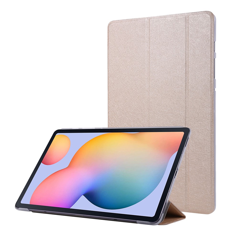 Silk Texture Leather Case for Samsung Galaxy Tab S8+, Tri-fold Stand Tablet Protective Cover - Gold-1