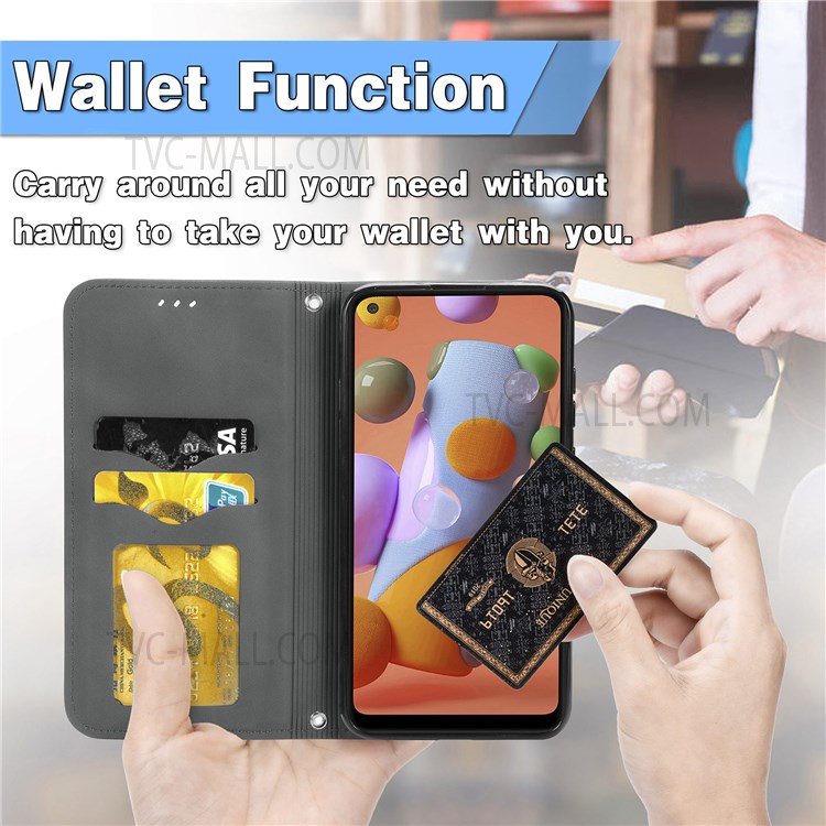 For Samsung Galaxy A11 (EU Version) / Galaxy M11 Vintage PU Leather Book Stand Case Skin-Touch Feeling Hidden Magnetic Adsorption Flip Cover with Card Holder - Grey-10