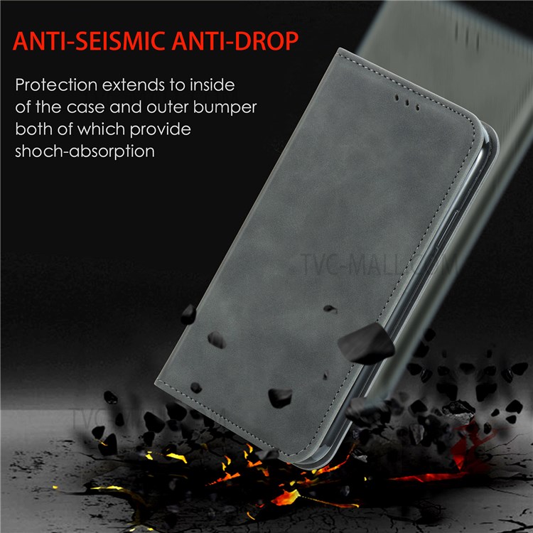 For Samsung Galaxy A11 (EU Version) / Galaxy M11 Vintage PU Leather Book Stand Case Skin-Touch Feeling Hidden Magnetic Adsorption Flip Cover with Card Holder - Grey-11