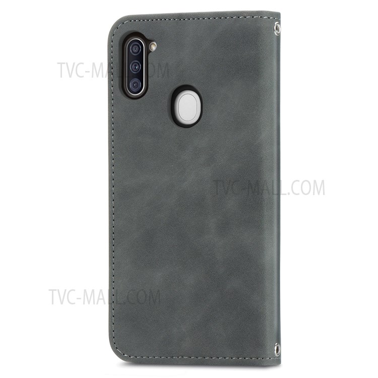 For Samsung Galaxy A11 (EU Version) / Galaxy M11 Vintage PU Leather Book Stand Case Skin-Touch Feeling Hidden Magnetic Adsorption Flip Cover with Card Holder - Grey-3