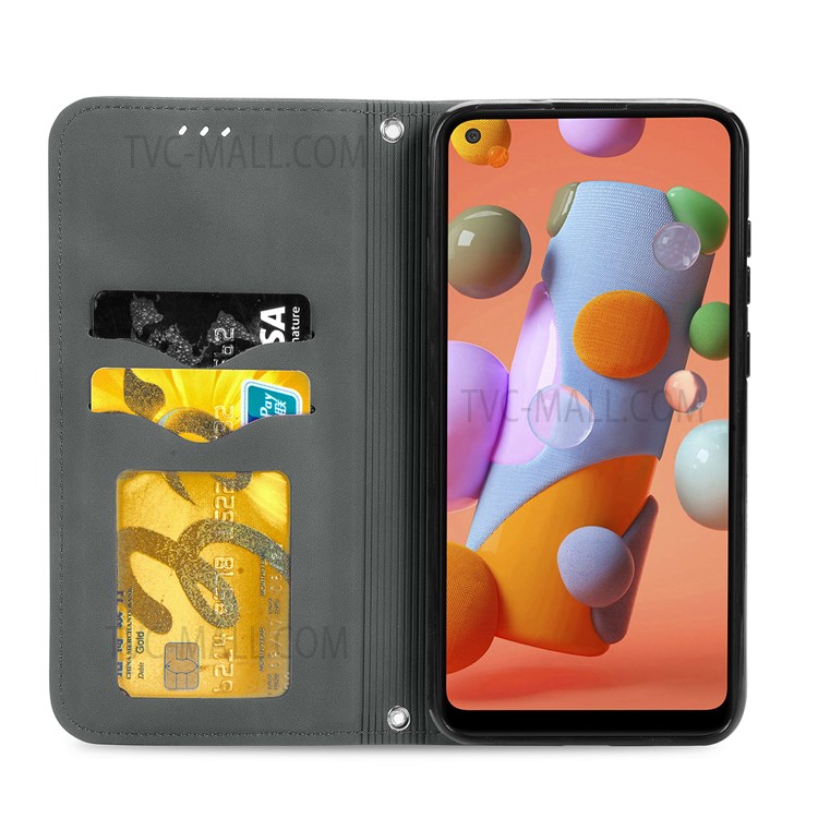 For Samsung Galaxy A11 (EU Version) / Galaxy M11 Vintage PU Leather Book Stand Case Skin-Touch Feeling Hidden Magnetic Adsorption Flip Cover with Card Holder - Grey-4