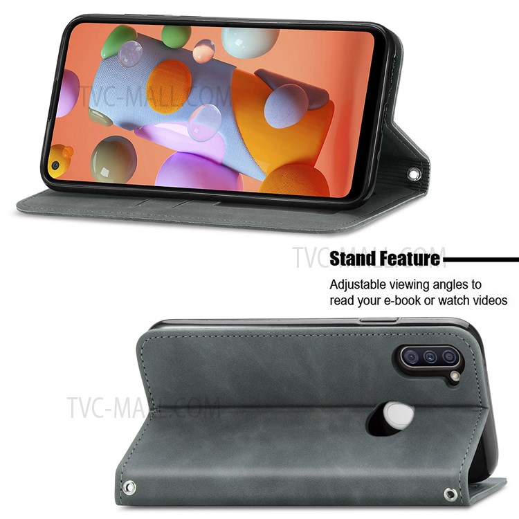 For Samsung Galaxy A11 (EU Version) / Galaxy M11 Vintage PU Leather Book Stand Case Skin-Touch Feeling Hidden Magnetic Adsorption Flip Cover with Card Holder - Grey-5