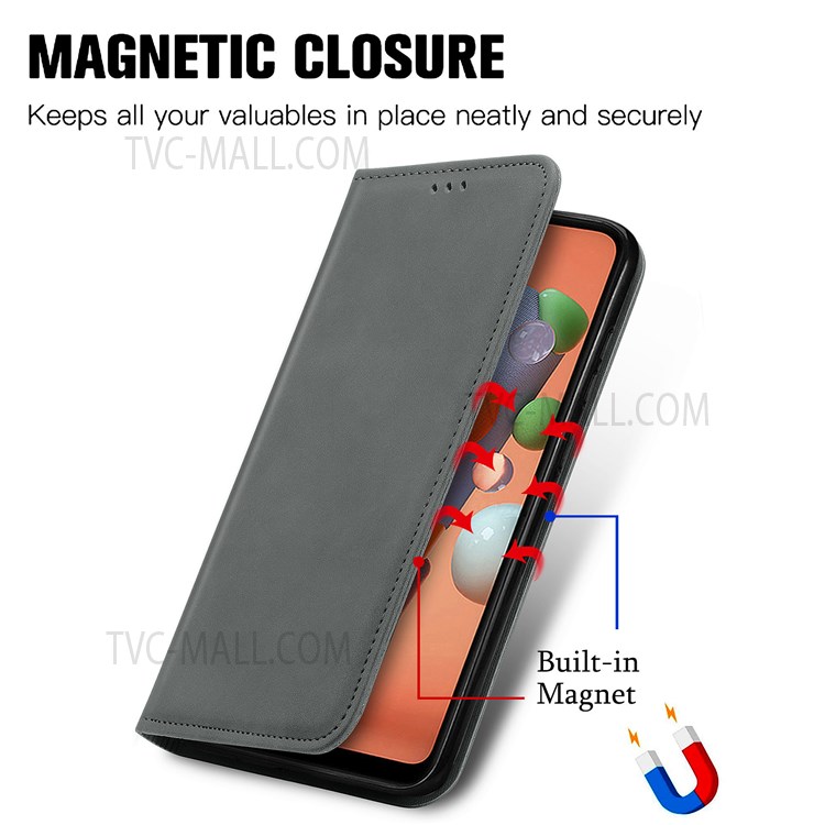 For Samsung Galaxy A11 (EU Version) / Galaxy M11 Vintage PU Leather Book Stand Case Skin-Touch Feeling Hidden Magnetic Adsorption Flip Cover with Card Holder - Grey-6