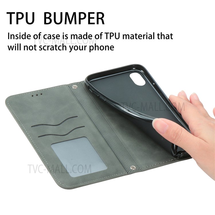For Samsung Galaxy A11 (EU Version) / Galaxy M11 Vintage PU Leather Book Stand Case Skin-Touch Feeling Hidden Magnetic Adsorption Flip Cover with Card Holder - Grey-7