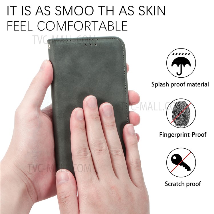 For Samsung Galaxy A11 (EU Version) / Galaxy M11 Vintage PU Leather Book Stand Case Skin-Touch Feeling Hidden Magnetic Adsorption Flip Cover with Card Holder - Grey-8