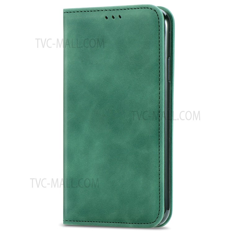 For Samsung Galaxy A13 4G Drop-proof Card Slots Retro Skin-touch Feeling Shell Auto-absorbed Magnetic Stand PU Leather Shell - Green-2