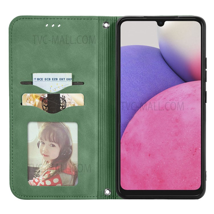 For Samsung Galaxy A13 4G Drop-proof Card Slots Retro Skin-touch Feeling Shell Auto-absorbed Magnetic Stand PU Leather Shell - Green-4