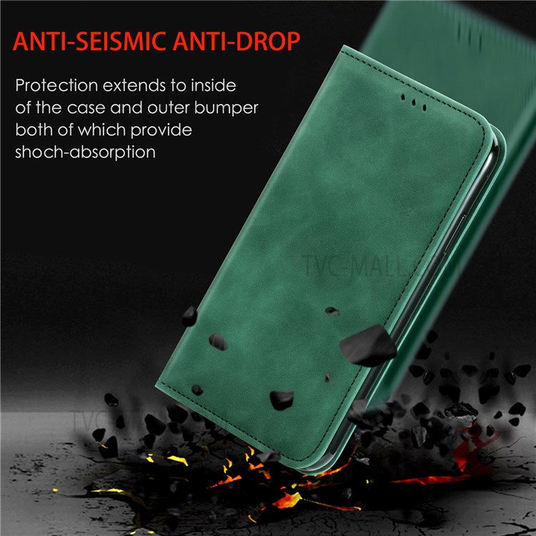 For Samsung Galaxy A13 4G Drop-proof Card Slots Retro Skin-touch Feeling Shell Auto-absorbed Magnetic Stand PU Leather Shell - Green-9