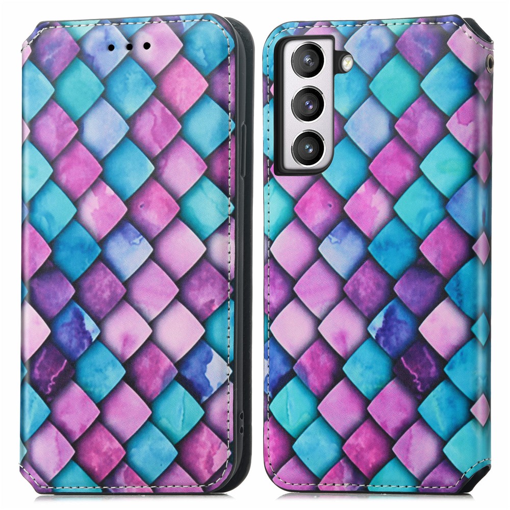 CASENEO 001 Series Pattern Printing Leather Case for Samsung Galaxy S21 FE 5G / Galaxy S21 Fan Edition, RFID Blocking Wallet Design Magnetic Absorption Stand Folio Cover - Purple Scale-1