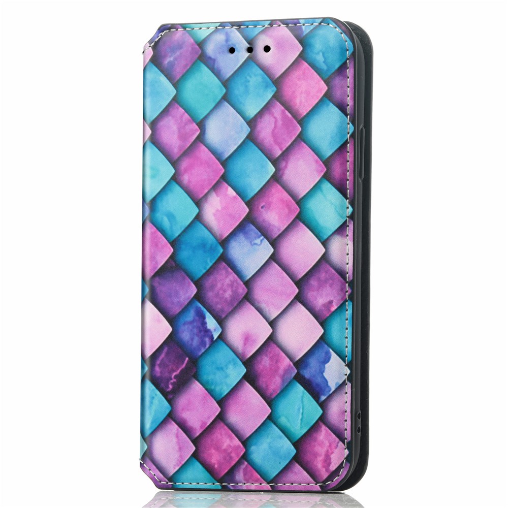 CASENEO 001 Series Pattern Printing Leather Case for Samsung Galaxy S21 FE 5G / Galaxy S21 Fan Edition, RFID Blocking Wallet Design Magnetic Absorption Stand Folio Cover - Purple Scale-3