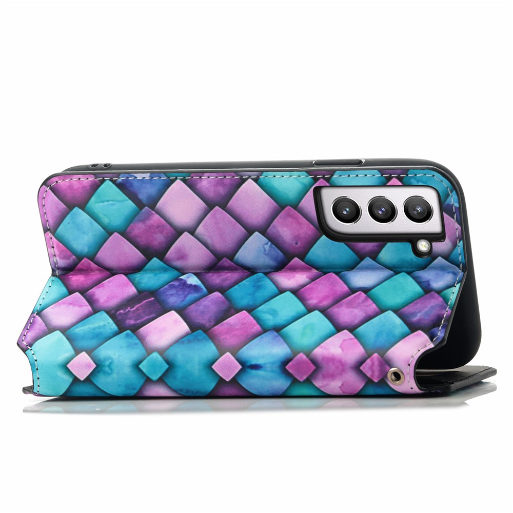 CASENEO 001 Series Pattern Printing Leather Case for Samsung Galaxy S21 FE 5G / Galaxy S21 Fan Edition, RFID Blocking Wallet Design Magnetic Absorption Stand Folio Cover - Purple Scale-4