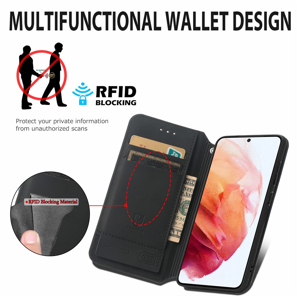 CASENEO 001 Series Pattern Printing Leather Case for Samsung Galaxy S21 FE 5G / Galaxy S21 Fan Edition, RFID Blocking Wallet Design Magnetic Absorption Stand Folio Cover - Purple Scale-7