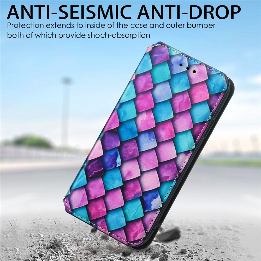 CASENEO 001 Series Pattern Printing Leather Case for Samsung Galaxy S21 FE 5G / Galaxy S21 Fan Edition, RFID Blocking Wallet Design Magnetic Absorption Stand Folio Cover - Purple Scale-9