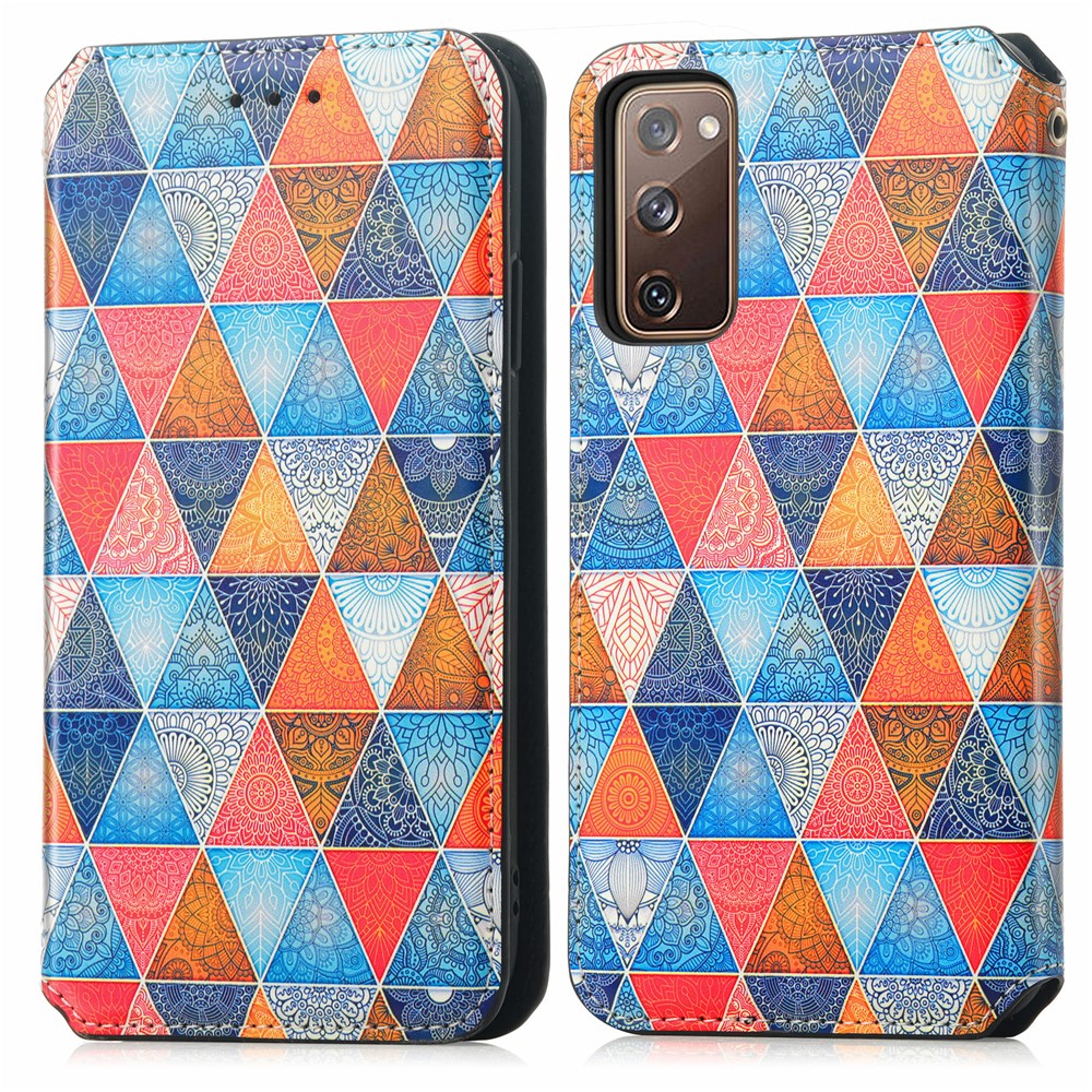 CASENEO 001 Series for Samsung Galaxy S20 5G/4G Pattern Printing Leather Wallet Folio Case, RFID Blocking Magnetic Auto-absorbed Viewing Stand Flip Cover - Rhombus/Mandala-1