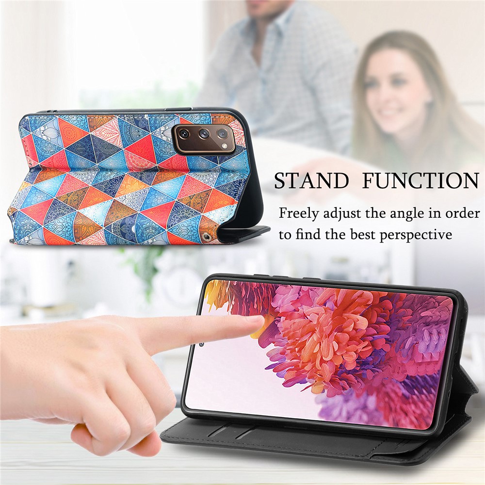 CASENEO 001 Series for Samsung Galaxy S20 5G/4G Pattern Printing Leather Wallet Folio Case, RFID Blocking Magnetic Auto-absorbed Viewing Stand Flip Cover - Rhombus/Mandala-11