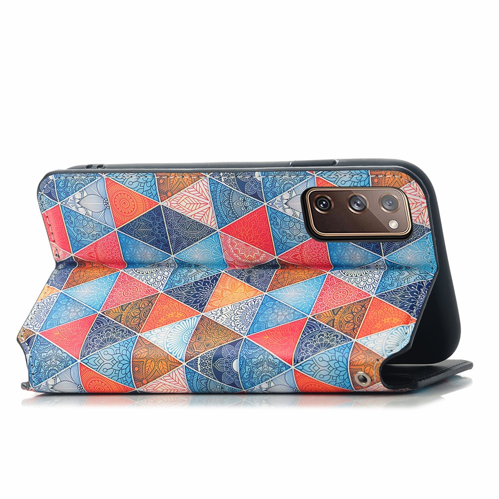 CASENEO 001 Series for Samsung Galaxy S20 5G/4G Pattern Printing Leather Wallet Folio Case, RFID Blocking Magnetic Auto-absorbed Viewing Stand Flip Cover - Rhombus/Mandala-5