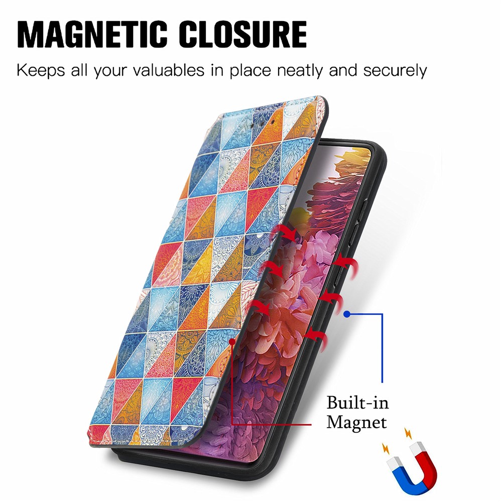 CASENEO 001 Series for Samsung Galaxy S20 5G/4G Pattern Printing Leather Wallet Folio Case, RFID Blocking Magnetic Auto-absorbed Viewing Stand Flip Cover - Rhombus/Mandala-8