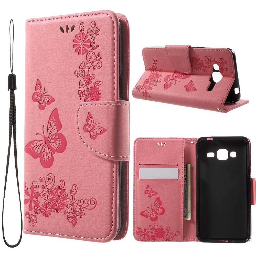 Imprint Butterfly Flowers PU Leather Wallet Case for Samsung Galaxy J3 (2016) - Pink-1