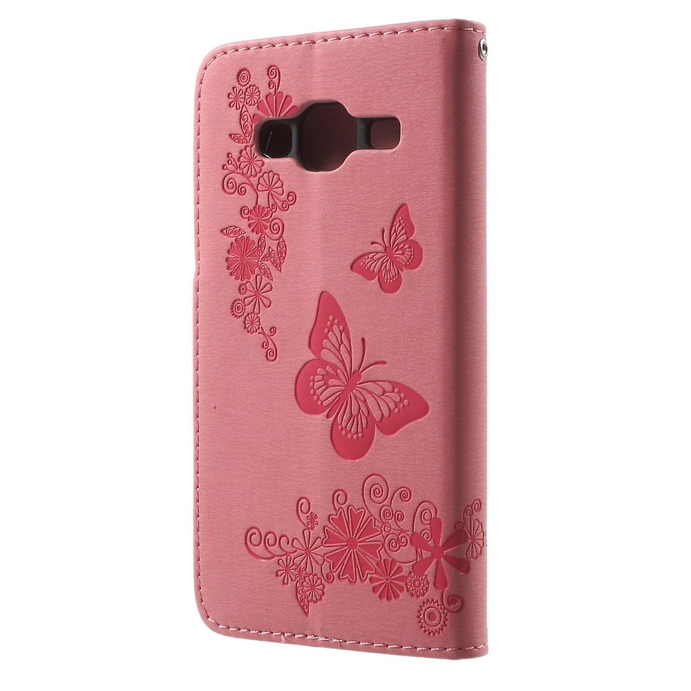 Imprint Butterfly Flowers PU Leather Wallet Case for Samsung Galaxy J3 (2016) - Pink-2