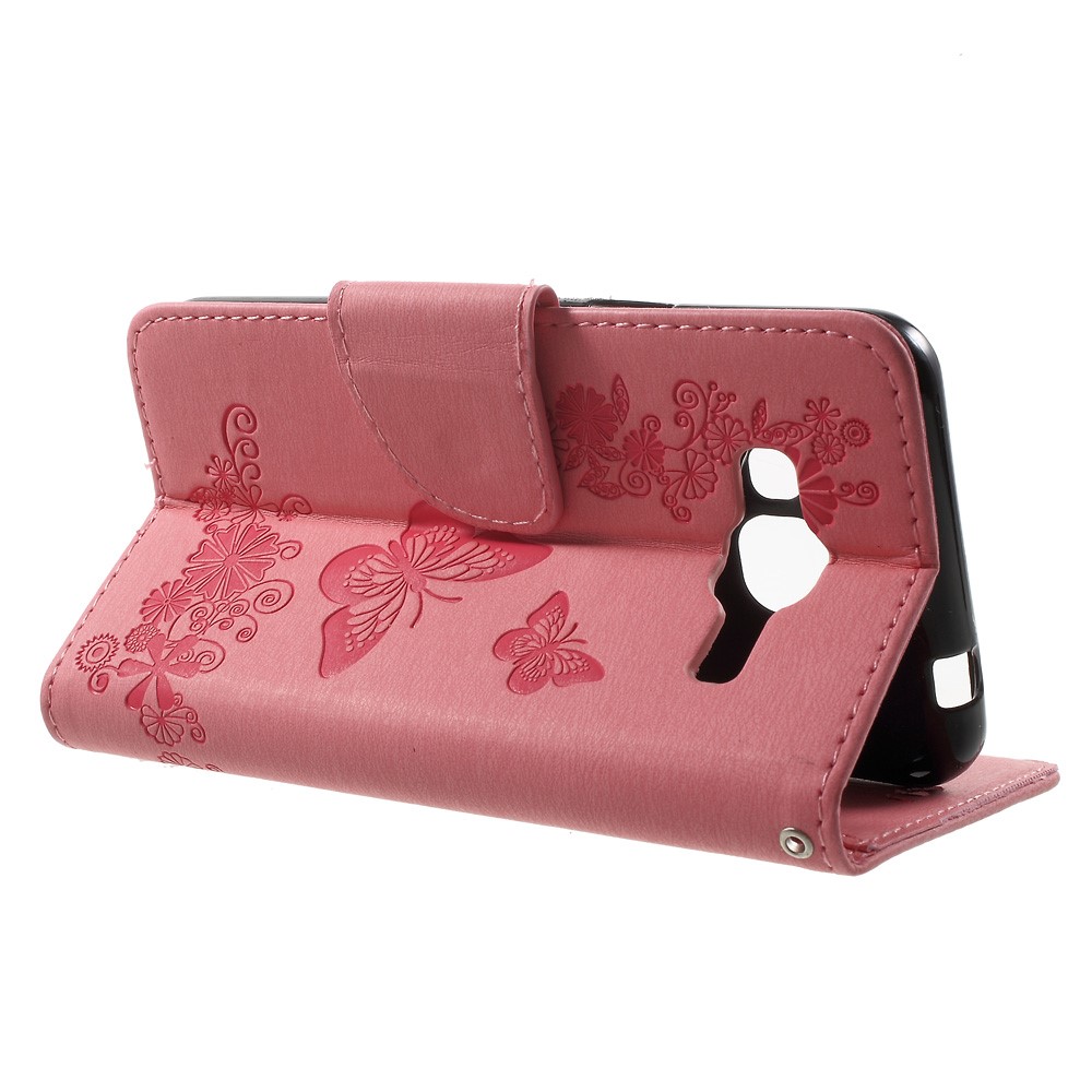 Imprint Butterfly Flowers PU Leather Wallet Case for Samsung Galaxy J3 (2016) - Pink-3