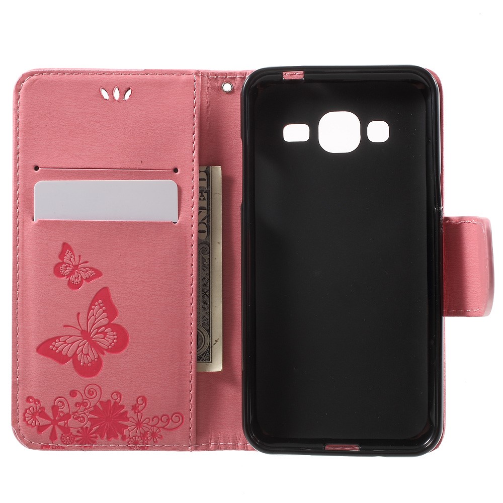 Imprint Butterfly Flowers PU Leather Wallet Case for Samsung Galaxy J3 (2016) - Pink-4