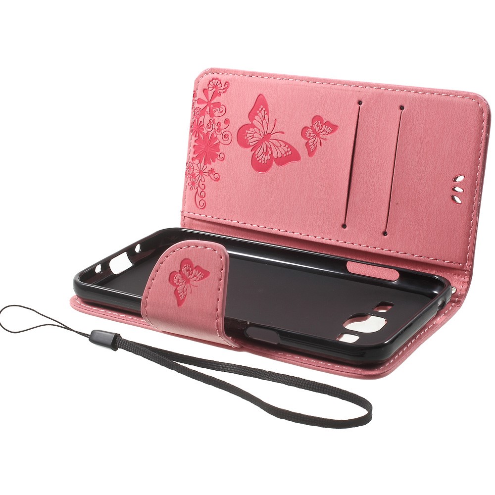 Imprint Butterfly Flowers PU Leather Wallet Case for Samsung Galaxy J3 (2016) - Pink-5