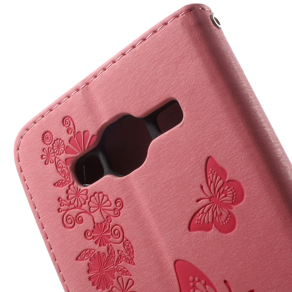 Imprint Butterfly Flowers PU Leather Wallet Case for Samsung Galaxy J3 (2016) - Pink-7