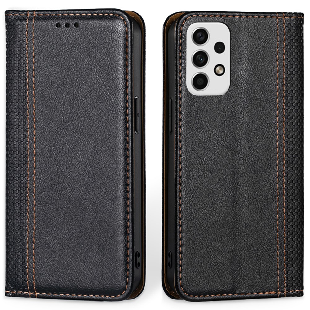 For Samsung Galaxy A23 5G Plaid Pattern PU Leather Flip Phone Case Stand Function Auto Closing Magnetic Protective Cover with Card Holder - Black-1