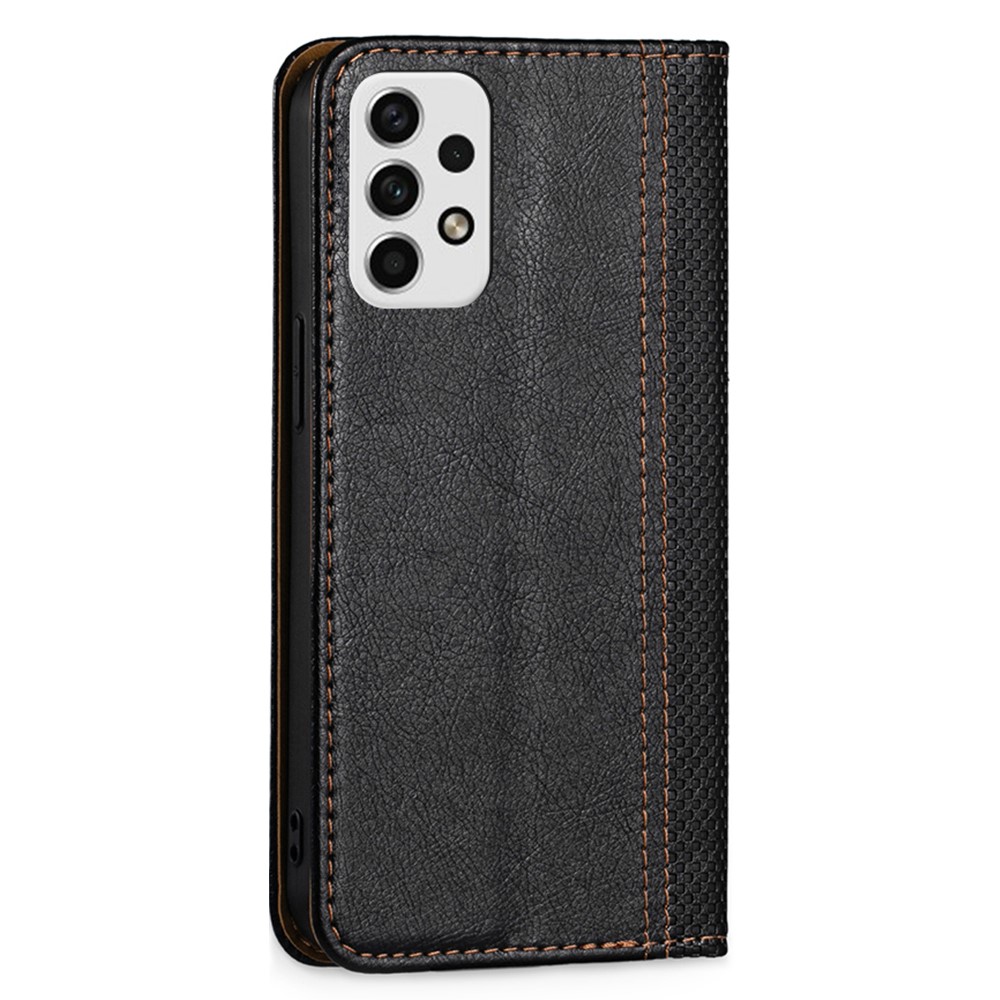For Samsung Galaxy A23 5G Plaid Pattern PU Leather Flip Phone Case Stand Function Auto Closing Magnetic Protective Cover with Card Holder - Black-2