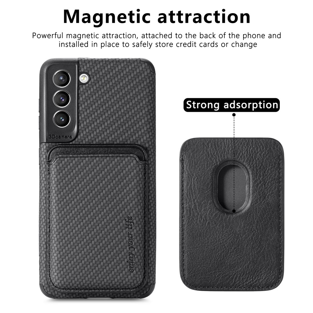 For Samsung Galaxy S21+ 5G Carbon Fiber Texture PU Leather + TPU + PVC Phone Case Cover with Detachable Magnetic Card Holder - Black-3