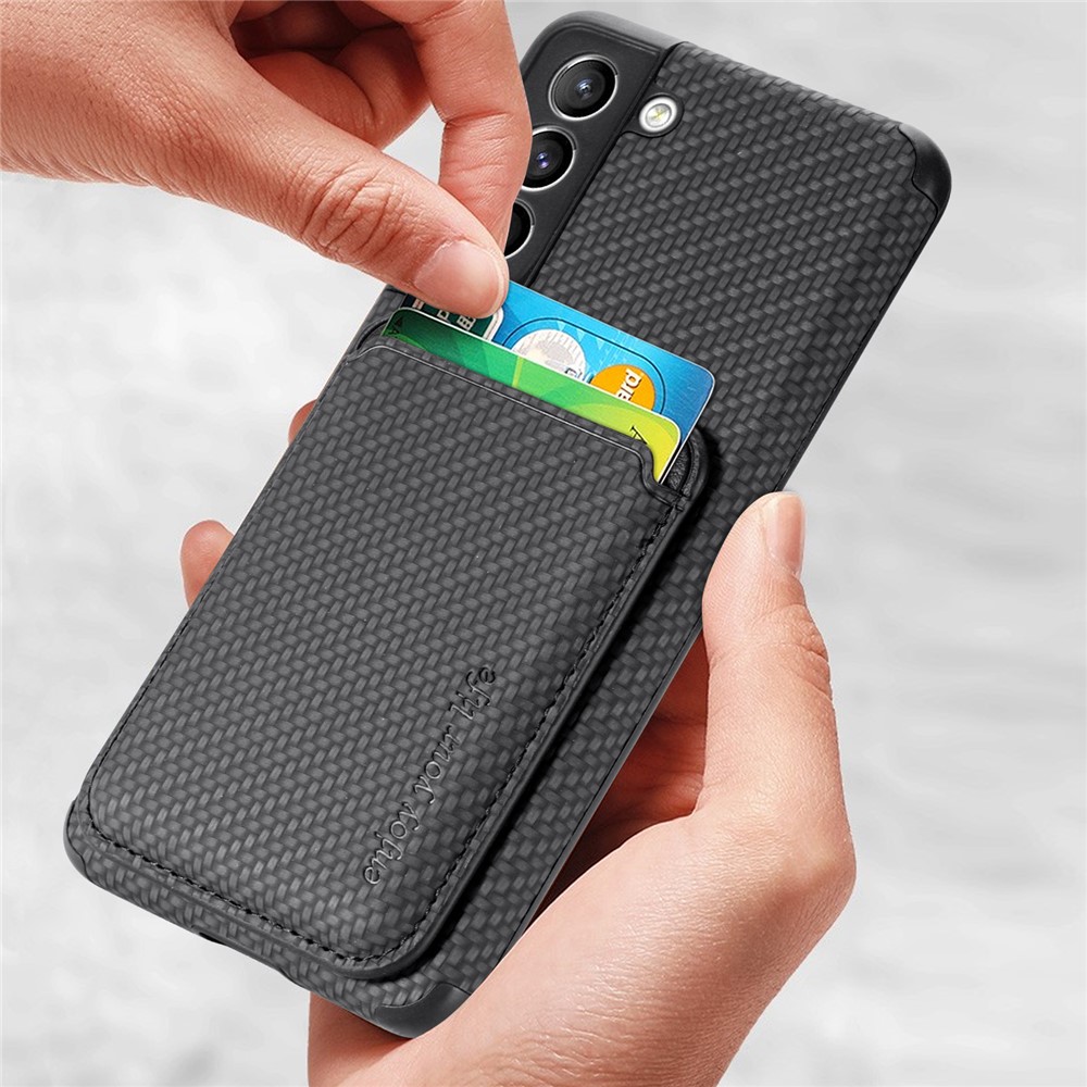 For Samsung Galaxy S21+ 5G Carbon Fiber Texture PU Leather + TPU + PVC Phone Case Cover with Detachable Magnetic Card Holder - Black-4