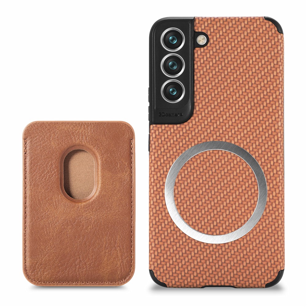 Shockproof Phone Case for Samsung Galaxy S22 5G Carbon Fiber Texture Protective Phone Cover with Detachable Magnetic Card Holder - Brown-1