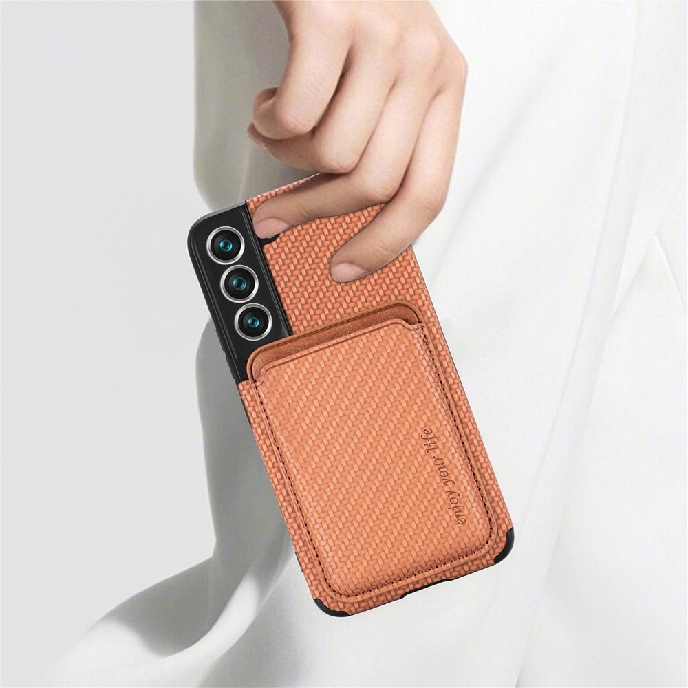 Shockproof Phone Case for Samsung Galaxy S22 5G Carbon Fiber Texture Protective Phone Cover with Detachable Magnetic Card Holder - Brown-10