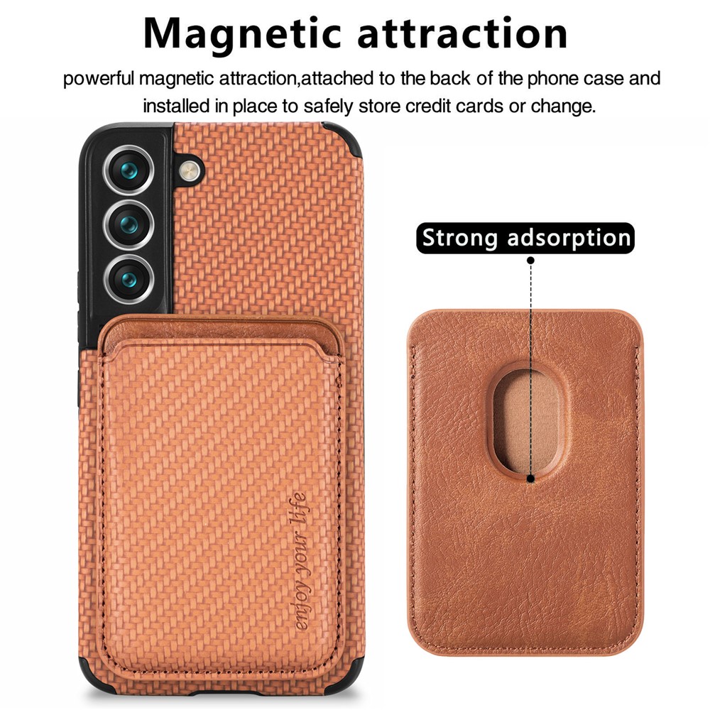 Shockproof Phone Case for Samsung Galaxy S22 5G Carbon Fiber Texture Protective Phone Cover with Detachable Magnetic Card Holder - Brown-3