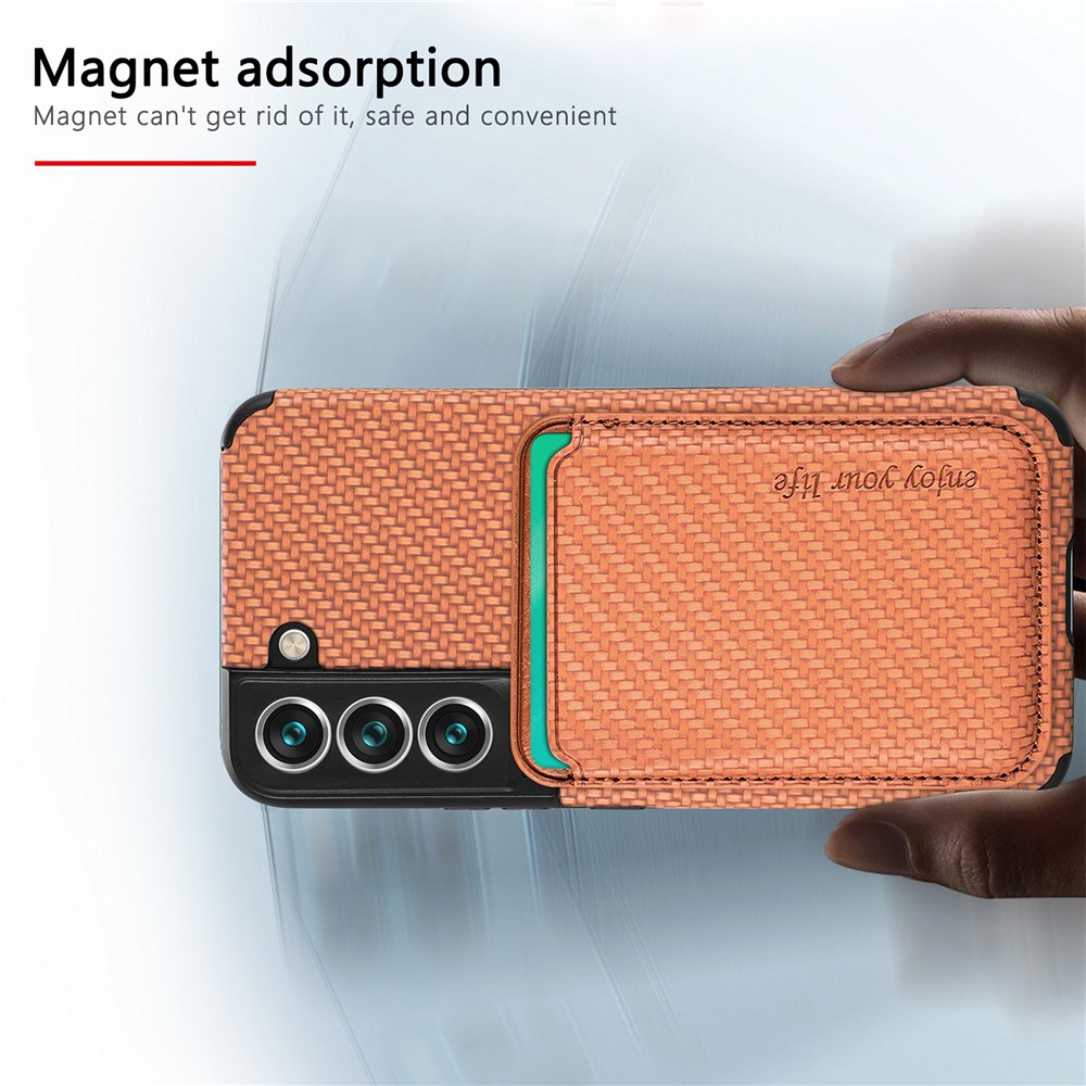 Shockproof Phone Case for Samsung Galaxy S22 5G Carbon Fiber Texture Protective Phone Cover with Detachable Magnetic Card Holder - Brown-5