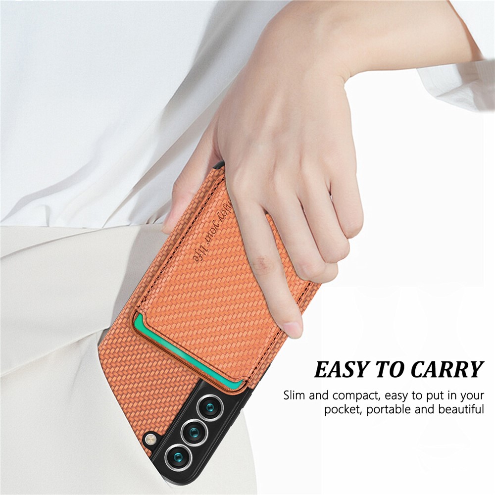 Shockproof Phone Case for Samsung Galaxy S22 5G Carbon Fiber Texture Protective Phone Cover with Detachable Magnetic Card Holder - Brown-7