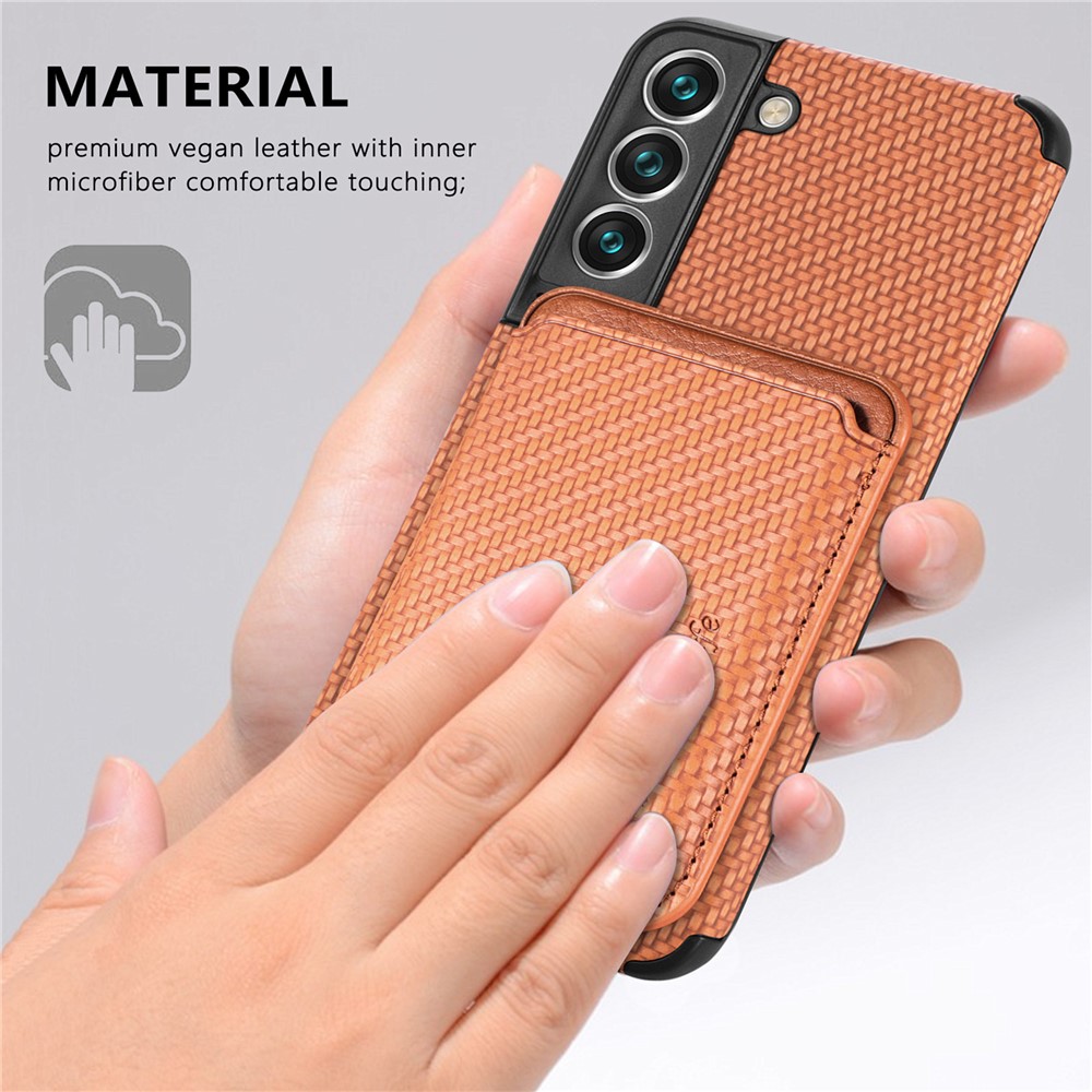 Shockproof Phone Case for Samsung Galaxy S22 5G Carbon Fiber Texture Protective Phone Cover with Detachable Magnetic Card Holder - Brown-8