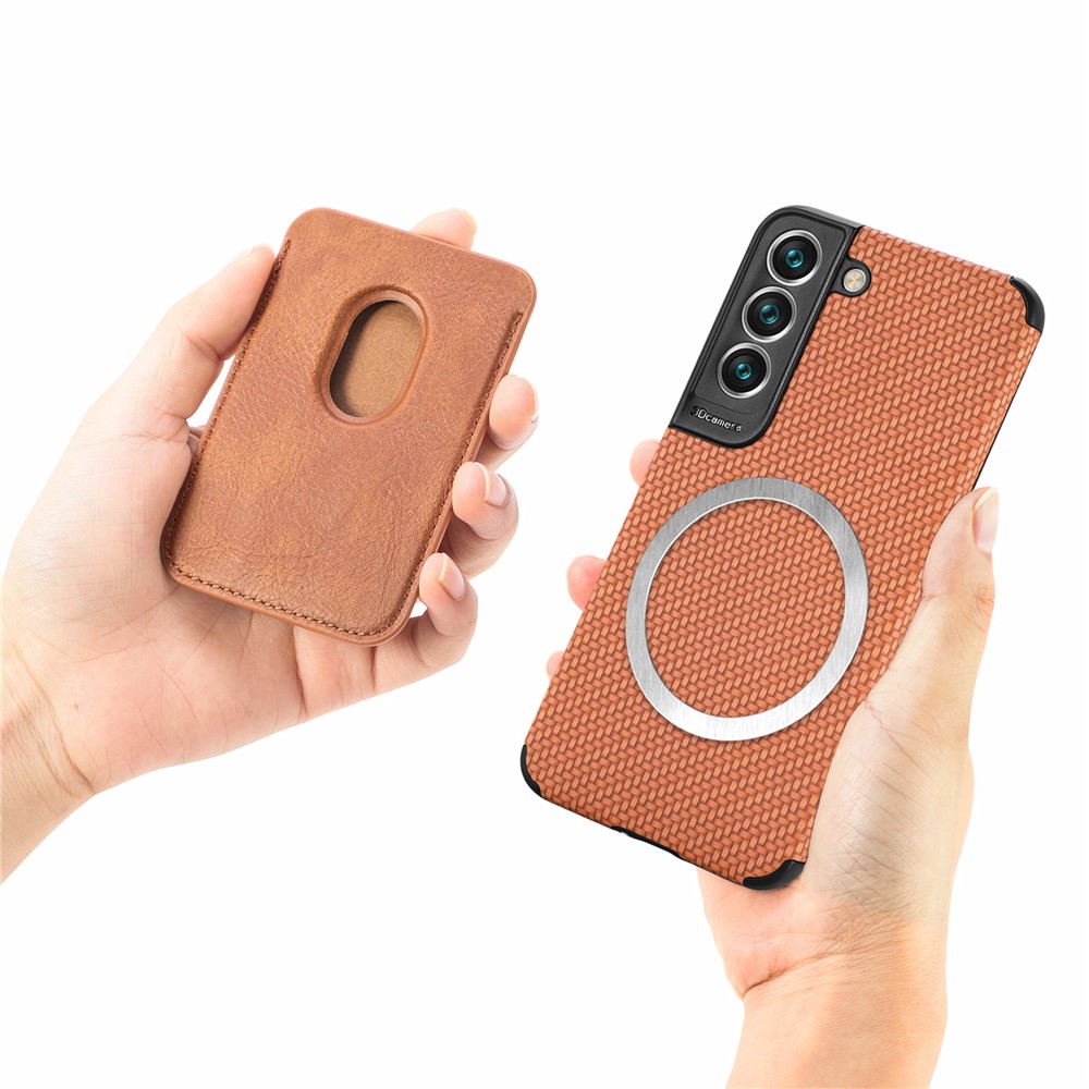 Shockproof Phone Case for Samsung Galaxy S22 5G Carbon Fiber Texture Protective Phone Cover with Detachable Magnetic Card Holder - Brown-9