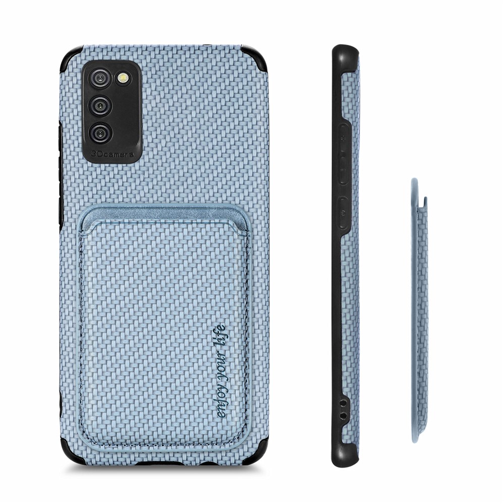 For Samsung Galaxy A02s (164.2x75.9x9.1mm)/M02s Phone Case Carbon Fiber Texture Shockproof Phone Protector with Detachable Magnetic Card Slot - Blue-11