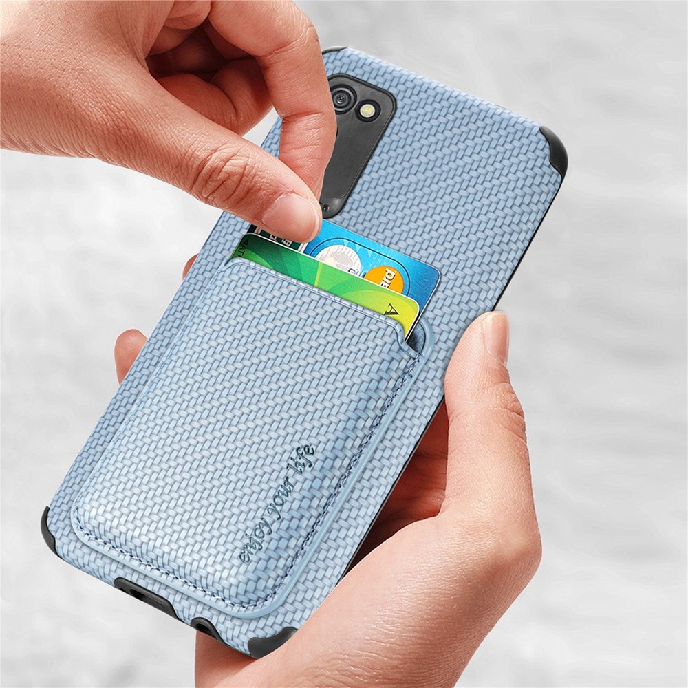 For Samsung Galaxy A02s (164.2x75.9x9.1mm)/M02s Phone Case Carbon Fiber Texture Shockproof Phone Protector with Detachable Magnetic Card Slot - Blue-4