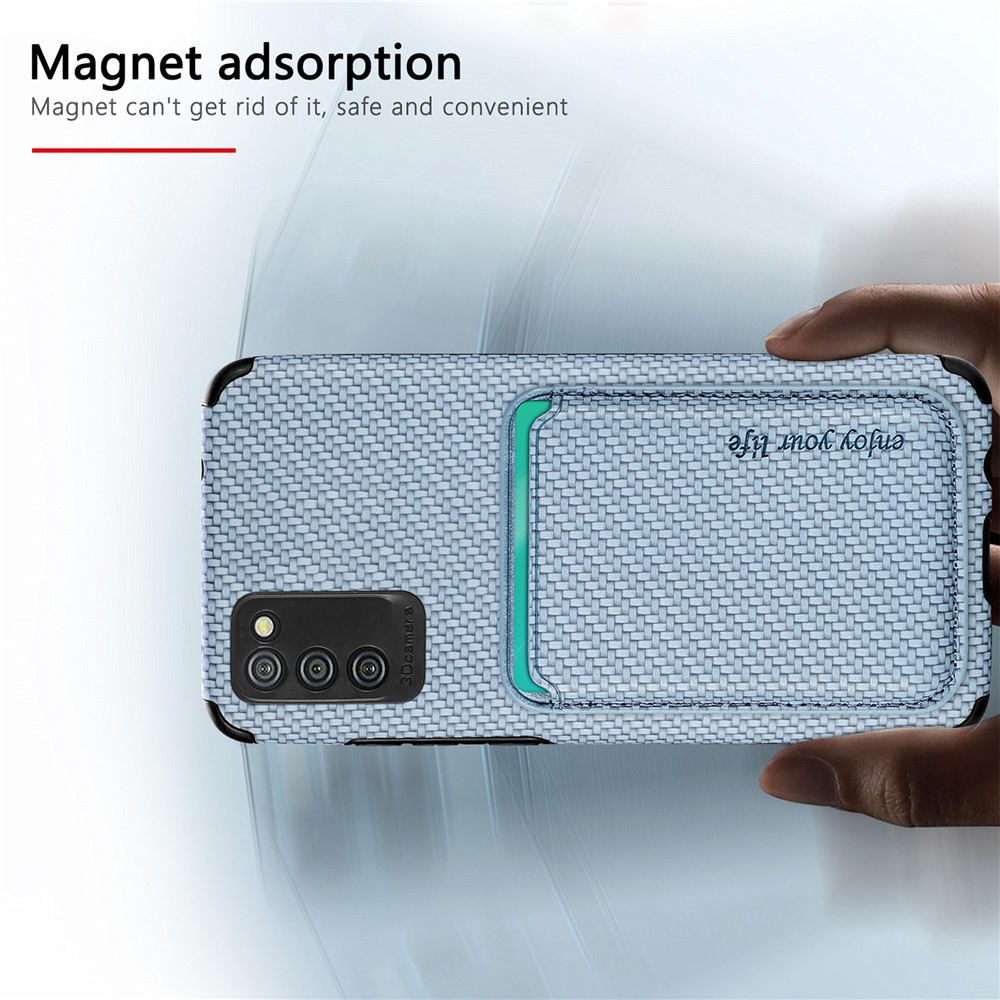 For Samsung Galaxy A02s (164.2x75.9x9.1mm)/M02s Phone Case Carbon Fiber Texture Shockproof Phone Protector with Detachable Magnetic Card Slot - Blue-5