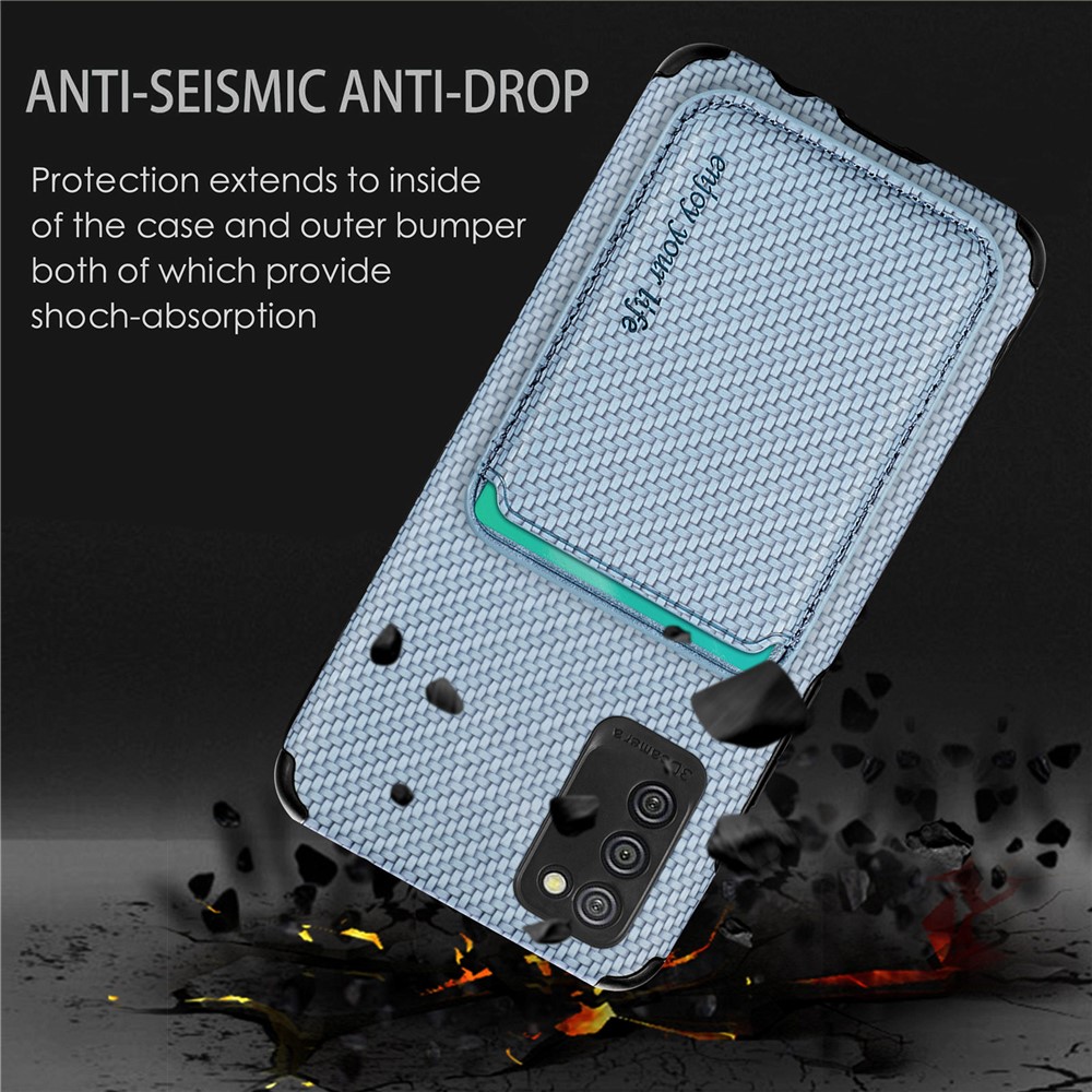 For Samsung Galaxy A02s (164.2x75.9x9.1mm)/M02s Phone Case Carbon Fiber Texture Shockproof Phone Protector with Detachable Magnetic Card Slot - Blue-6