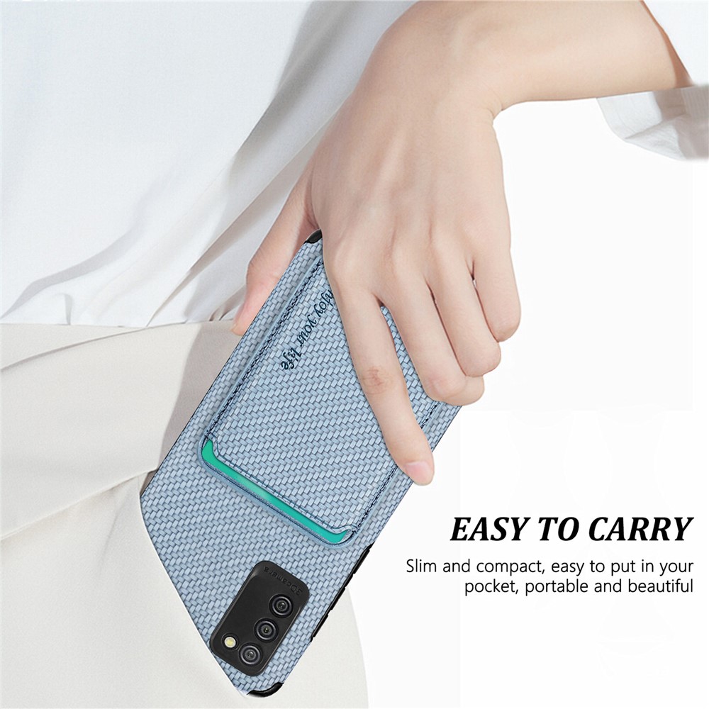 For Samsung Galaxy A02s (164.2x75.9x9.1mm)/M02s Phone Case Carbon Fiber Texture Shockproof Phone Protector with Detachable Magnetic Card Slot - Blue-7