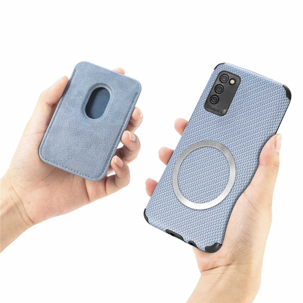 For Samsung Galaxy A02s (164.2x75.9x9.1mm)/M02s Phone Case Carbon Fiber Texture Shockproof Phone Protector with Detachable Magnetic Card Slot - Blue-9