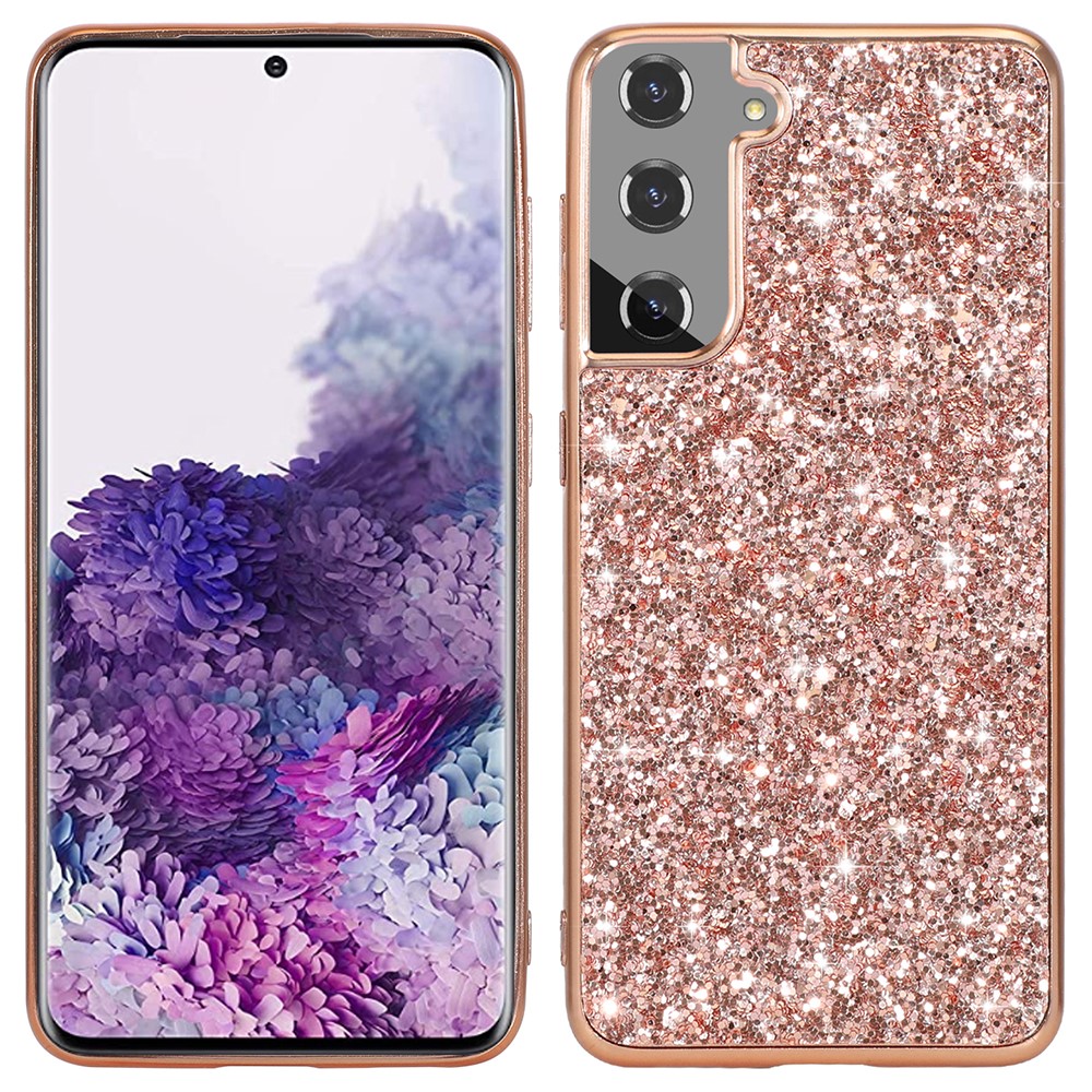 For Samsung Galaxy S22+ 5G Glitter Sequins Case Electroplating TPU Frame + Hard PC Back Dual Layer Hybrid Cover - Rose Gold-1
