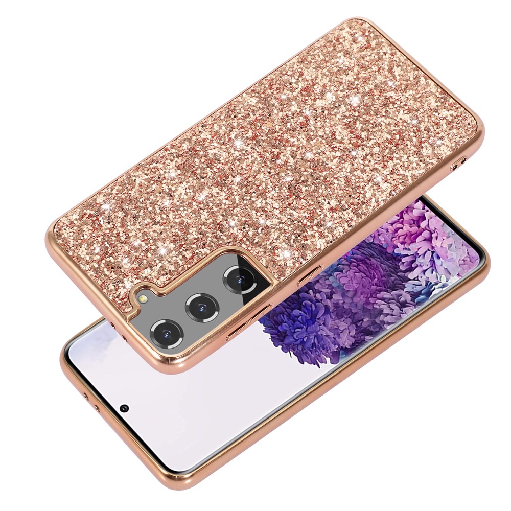 For Samsung Galaxy S22+ 5G Glitter Sequins Case Electroplating TPU Frame + Hard PC Back Dual Layer Hybrid Cover - Rose Gold-2