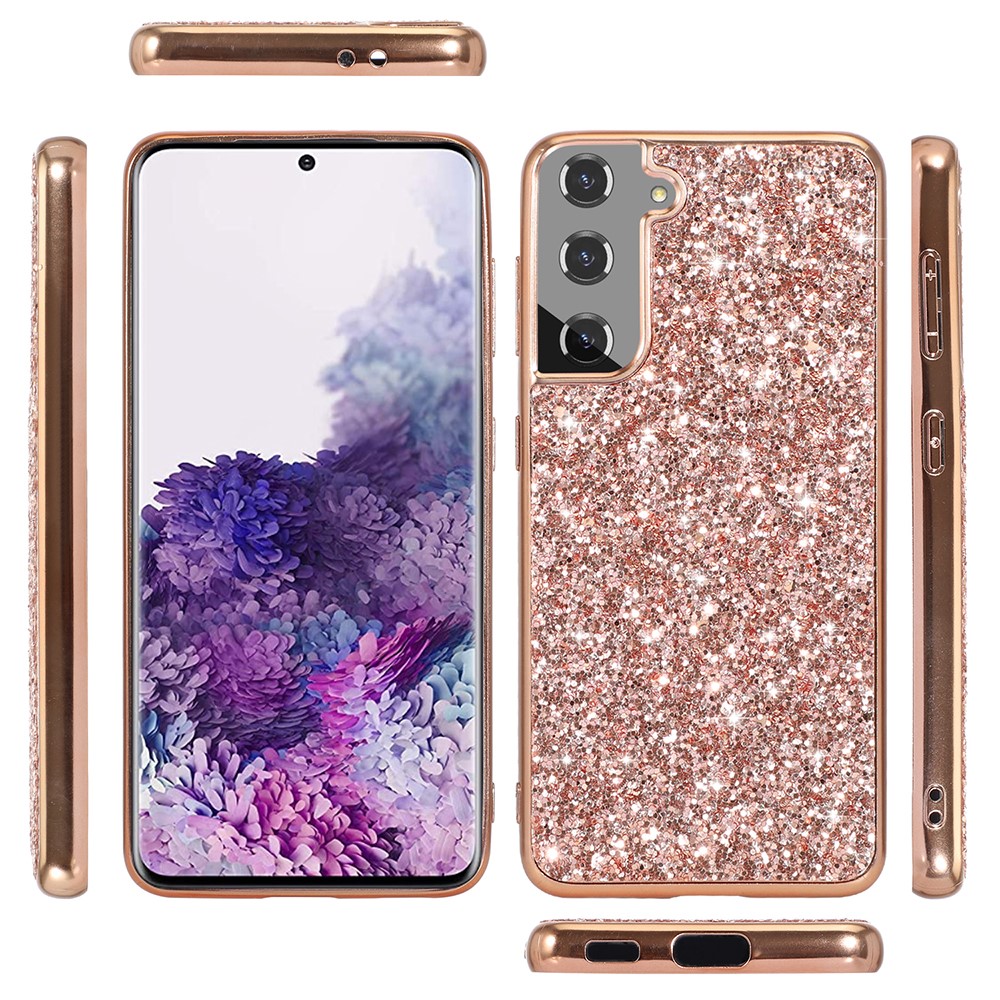 For Samsung Galaxy S22+ 5G Glitter Sequins Case Electroplating TPU Frame + Hard PC Back Dual Layer Hybrid Cover - Rose Gold-5